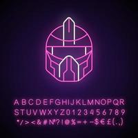 Futuristic helmet neon light icon. Cyberpunk soldier, sci fi person. Futuristic technology. Outer glowing effect. Sign with alphabet, numbers and symbols. Vector isolated RGB color illustration