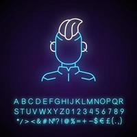 Cyberpunk person neon light icon. Punk subculture, goth teenager. Cyberpunk movie, game. Outer glowing effect. Sign with alphabet, numbers and symbols. Vector isolated RGB color illustration
