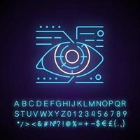 icono de luz de neón de microcircuito de lente. ojo de Android con información de especificaciones. aumento facial cyberpunk. efecto brillante exterior. firmar con alfabeto, números y símbolos. vector aislado ilustración de color rgb