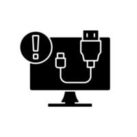 usb no funciona icono de glifo negro. Problema de conexión del cable. problema de la computadora de escritorio. síntoma de error de software. enchufe en falla. símbolo de silueta en el espacio en blanco. vector ilustración aislada