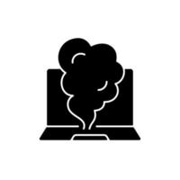 Smoking computer black glyph icon. Symptom of overheating hardware. Broken notebook. System failure. Damaged PC. Laptop problems. Silhouette symbol on white space. Vector isolated illustration