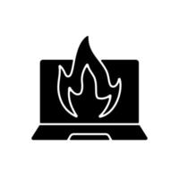 Computer burning black glyph icon. Hardware crash, overheating issue. Burning laptop. Electronics destruction. Broken technology. Silhouette symbol on white space. Vector isolated illustration