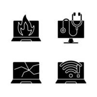 Computer issues black glyph icons set on white space. Crashed monitor, broken display. No wifi connection. Burning notebook. Laptop problem diagnostic. Silhouette symbols. Vector isolated illustration