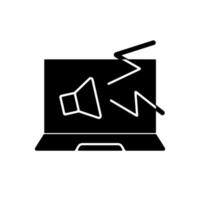 Computer makes strange noises black glyph icon. Loud sound from notebook. System issue symptom. Software failure on PC. Laptop problems. Silhouette symbol on white space. Vector isolated illustration