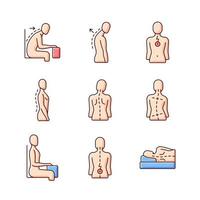 Back and posture problems RGB color icons set. Slouched position at desk. Roundback, hunchback. Spine natural curvature. Uneven hips and shoulders. Lower back pain. Isolated vector illustrations