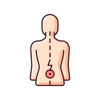 Lower back pain RGB color icon. Aging-related wear. Physical disability. Ruptured, bulging disc. Injury to connective tissue. Muscle weakness, numbness. Pressure on nerve. Isolated vector illustration