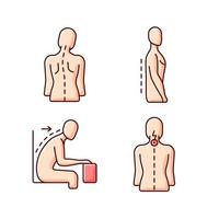 Bad posture problems RGB color icons set. Head tilt. Flatback syndrome. Spinal abnormalities. Neck pain. Losing normal curvature. Forward tilted sitting position. Isolated vector illustrations