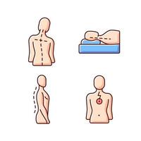 Postural dysfunction RGB color icons set. Head tilt. Incorrect sleeping position. Normal spinal anatomy. Chest pain. Muscle weakness. Affecting lungs, heart. Isolated vector illustrations