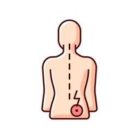 Lower right back pain RGB color icon. Sprains and strains. Muscle-related one-sided backache. Hip pain. Tenderness, swelling. Serious complications to inner organs. Isolated vector illustration
