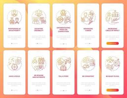 Personal branding orange onboarding mobile app page screen with concepts set. Smm development walkthrough 5 steps graphic instructions. UI, UX, GUI vector template with linear color illustrations