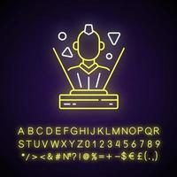 Hologram neon light icon. Innovative interactive system. Cyborg avatar. Cyberpunk, sci fi game. Outer glowing effect. Sign with alphabet, numbers and symbols. Vector isolated RGB color illustration