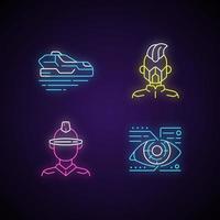 Sci fi and cyberpunk neon light icons set. Flying car. Mask, glasses. Lens microcircuit. Cyberpunk, futuristic technology. Signs with outer glowing effect. Vector isolated RGB color illustrations