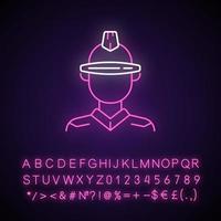 Futuristic glasses neon light icon. Cyberpunk person, sci fi man. Dystopian future. Outer glowing effect. Sign with alphabet, numbers and symbols. Vector isolated RGB color illustration