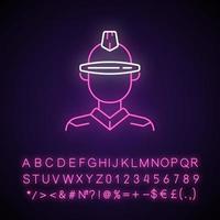 Futuristic glasses neon light icon. Cyberpunk person, sci fi man. Dystopian future. Outer glowing effect. Sign with alphabet, numbers and symbols. Vector isolated RGB color illustration