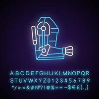 Exoskeleton neon light icon. Advanced prosthesis. Progressive device. Futuristic technology. Outer glowing effect. Sign with alphabet, numbers and symbols. Vector isolated RGB color illustration