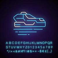 Flying car neon light icon. Autonomous automobile. Smart driving system. Cyberpunk, sci fi game. Outer glowing effect. Sign with alphabet, numbers and symbols. Vector isolated RGB color illustration