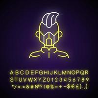 Mask neon light icon. Cyborg man. Person from dystopian future. Cyberpunk movie, sci fi game. Outer glowing effect. Sign with alphabet, numbers and symbols. Vector isolated RGB color illustration