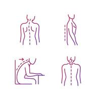 Bad posture problems gradient linear vector icons set. Head tilt. Flatback syndrome. Slouching. Neck pain. Thin line contour symbols bundle. Isolated vector outline illustrations collection