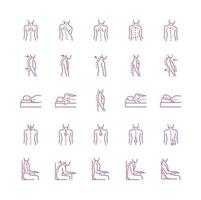 Back and posture problems gradient linear vector icons set. Spinal abnormalities. Maintaining natural alignment. Thin line contour symbols bundle. Isolated vector outline illustrations collection