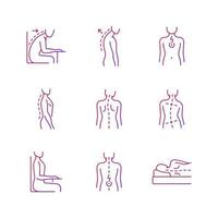 Back and posture problems gradient linear vector icons set. Slouched position at desk. Spine natural curvature. Thin line contour symbols bundle. Isolated vector outline illustrations collection