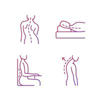 Poor posture problems gradient linear vector icons set. Scoliosis. Sleeping with head elevated. Sideways curve. Thin line contour symbols bundle. Isolated vector outline illustrations collection