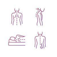 Conjunto de iconos de vector lineal degradado de problemas de mala postura. columna vertebral normal. encorvado. posición para dormir acostado de lado. paquete de símbolos de contorno de línea delgada. colección de ilustraciones de contorno vectorial aislado