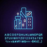 Cyberpunk city neon light icon. Skyscrapers of business centers. Metropolis buildings. Outer glowing effect. Sign with alphabet, numbers and symbols. Vector isolated RGB color illustration