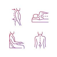 Conjunto de iconos de vector lineal degradado de disfunción postural. lordosis lumbar. posición para dormir acostado de lado. espasmos musculares. paquete de símbolos de contorno de línea delgada. colección de ilustraciones de contorno vectorial aislado