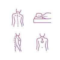 Postural dysfunction gradient linear vector icons set. Head tilt. Incorrect sleeping position. Normal spinal anatomy. Thin line contour symbols bundle. Isolated vector outline illustrations collection