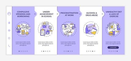 Major self-control issues onboarding vector template. Responsive mobile website with icons. Web page walkthrough 5 step screens. Self management issues color concept with linear illustrations