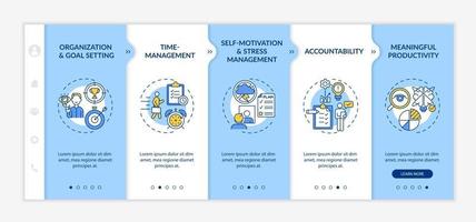 Self regulation skills improvement onboarding vector template. Responsive mobile website with icons. Web page walkthrough 5 step screens. Productivity color concept with linear illustrations