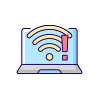 wi fi no funciona icono de color rgb. Problema de conexión inalámbrica, señal débil. sin internet. arreglar wifi. síntoma de problema de software. tecnología de la comunicación, problemas con la computadora portátil. ilustración vectorial aislada vector