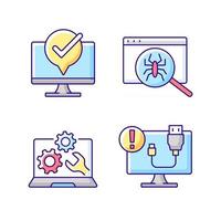 Computer diagnostics RGB color icons set. Laptop maintenance. Virus search. USB cable disconnect. Connection problem. Technical support, repair service. Isolated vector illustrations