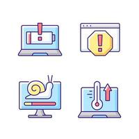 Computer errors RGB color icons set. Battery not charging. System error window. Slow processing. Overheating notebook. Laptop problems. Technical support, repair service. Isolated vector illustrations