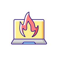 Computer burning RGB color icon. Hardware crash, overheating issue. Burning laptop, PC problems. Electronics destruction. Broken technology. Tech support, repair service. Isolated vector illustration