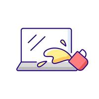 Water damage RGB color icon. Drink spilled on keyboard. Office accident with electronics. Liquid on notebook. Wet laptop. Hardware problem. Tech support, repair service. Isolated vector illustration