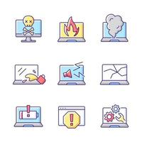 Computer damage RGB color icons set. Burning notebook. smoke from keyboard. Crashed monitor screen. Cracked display. Laptop problems. Technical support, repair service. Isolated vector illustrations