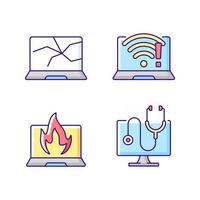 Computer issues RGB color icons set. Crashed monitor, broken display. No wifi connection. Burning notebook. Laptop problems diagnostic. Technical support, repair service. Isolated vector illustrations