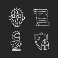 Exploring ancient lives chalk white icons set on black background. Ritual masks. Manuscripts. Sculpted philosopher bust. Knight armor. Historical records. Isolated vector chalkboard illustrations