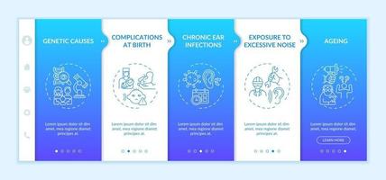 Hearing loss factors onboarding vector template. Responsive mobile website with icons. Web page walkthrough 5 step screens. Complications, exposure to noise color concept with linear illustrations