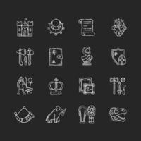 Heritage and museum chalk white icons set on black background. Medieval times. Excavated treasure. Middle ages. Historic building. Ancient jewelry. Isolated vector chalkboard illustrations