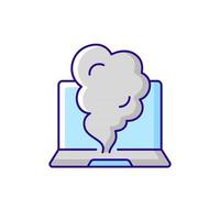 Smoking computer RGB color icon. Symptom of overheating hardware. Broken notebook. System failure. Damaged PC. Laptop problems. Tech support, repair service. Isolated vector illustration