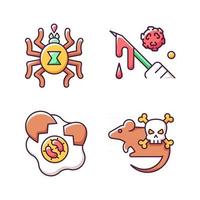 Infection spread source RGB color icons set. Dangerous threat for human lives. Micro organisms risk. Insect toxin. Dangerous diseases. Isolated vector illustrations