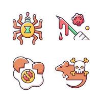 Infection spread source RGB color icons set. Dangerous threat for human lives. Micro organisms risk. Insect toxin. Dangerous diseases. Isolated vector illustrations