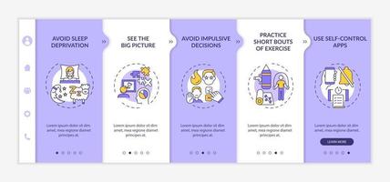 Self regulation boosting tips onboarding vector template. Responsive mobile website with icons. Web page walkthrough 5 step screens. Self control color concept with linear illustrations