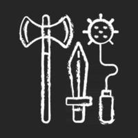 Knight weapons chalk white icon on black background. Medieval times. Arming sword and lance. Mace, battle-axe. Tournaments, battles. Medieval weaponry. Isolated vector chalkboard illustration