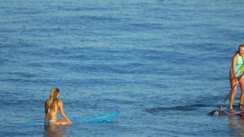 una giovane donna che fa surf in bikini su una tavola da surf stand-up paddleboard.