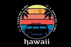 camiseta es hora de surfear hawaii color amarillo naranja y azul vector