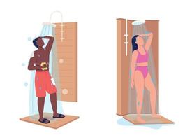 Showering semi flat color vector characters set