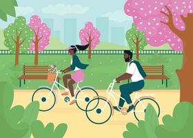 Andar en bicicleta en la ilustración de vector de color plano de Spring Park